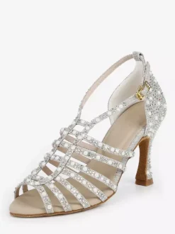 Satin Ballroom Dance Shoes Pearls Open Toe High Heel Latin Dance Shoes