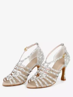 Satin Ballroom Dance Shoes Pearls Open Toe High Heel Latin Dance Shoes