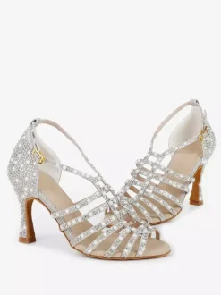 Satin Ballroom Dance Shoes Pearls Open Toe High Heel Latin Dance Shoes