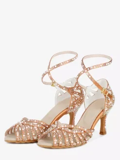 Satin Ballroom Dance Shoes Women's Open Toe Rhinestones Criss Cross Latin Dance Shoes