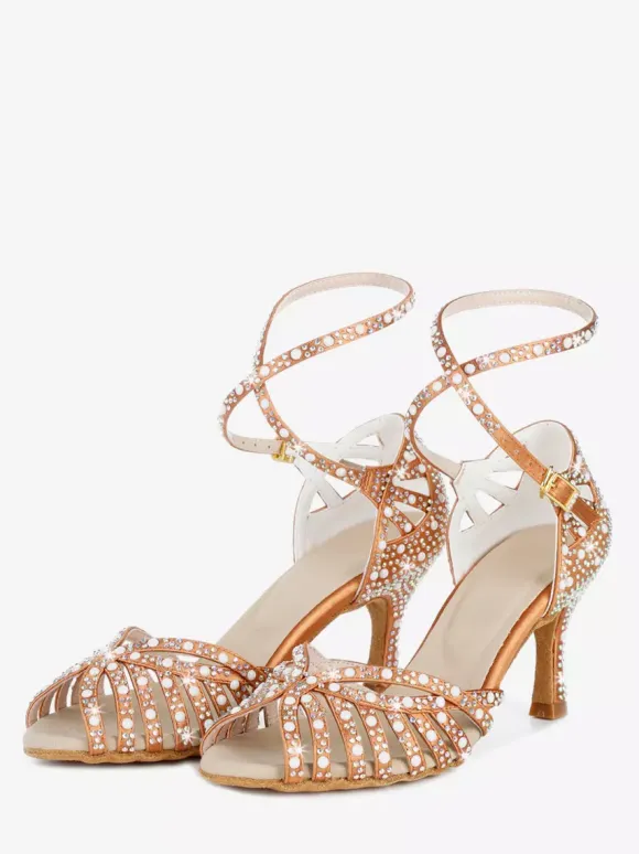 Satin Ballroom Dance Shoes Women's Open Toe Rhinestones Criss Cross Latin Dance Shoes