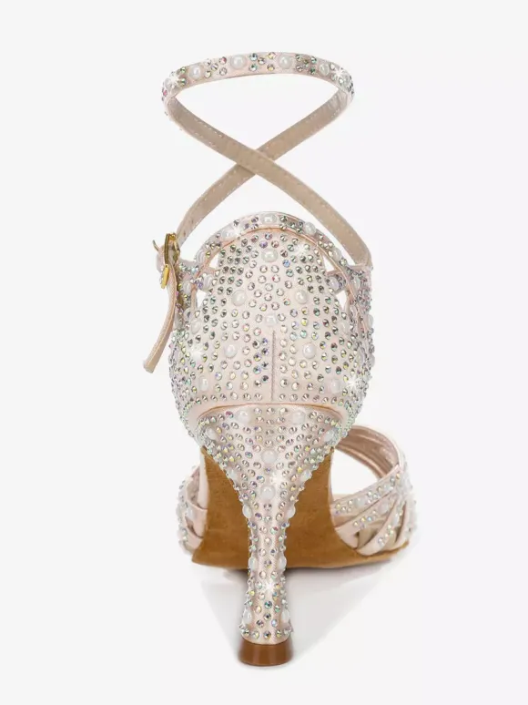 Satin Ballroom Dance Shoes Women's Open Toe Rhinestones Criss Cross Latin Dance Shoes