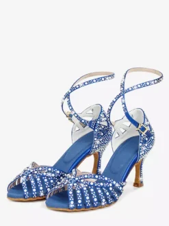 Satin Ballroom Dance Shoes Women's Open Toe Rhinestones Criss Cross Latin Dance Shoes