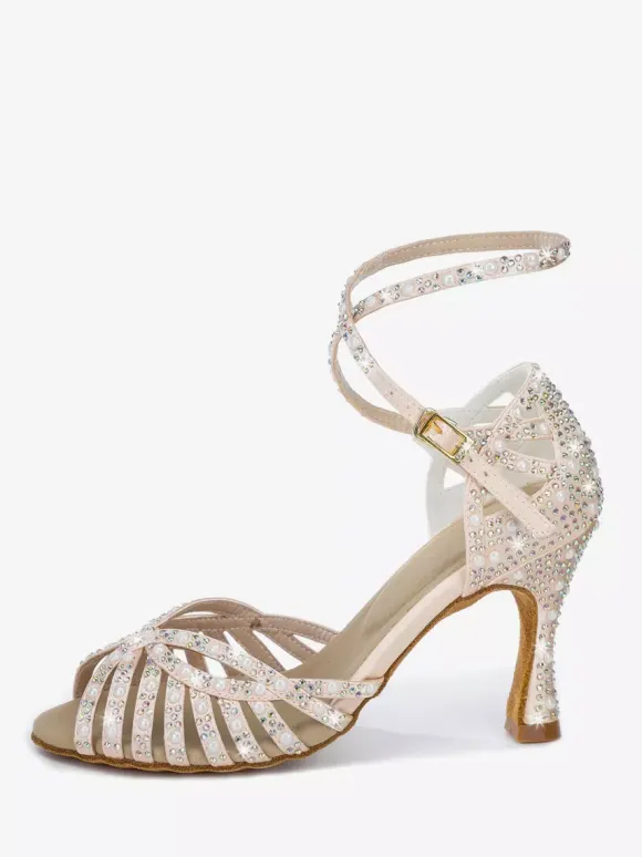 Satin Ballroom Dance Shoes Women's Open Toe Rhinestones Criss Cross Latin Dance Shoes