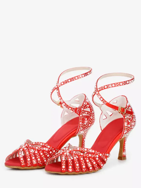 Satin Ballroom Dance Shoes Women's Open Toe Rhinestones Criss Cross Latin Dance Shoes
