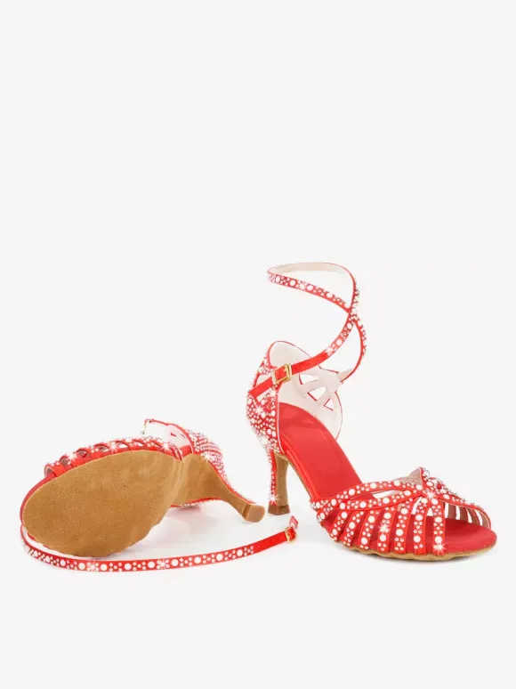 Satin Ballroom Dance Shoes Women's Open Toe Rhinestones Criss Cross Latin Dance Shoes