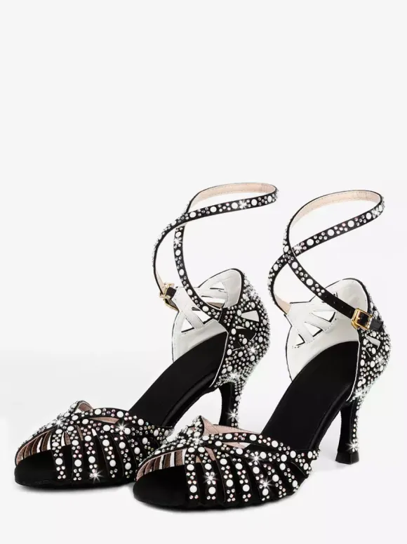 Satin Ballroom Dance Shoes Women's Open Toe Rhinestones Criss Cross Latin Dance Shoes