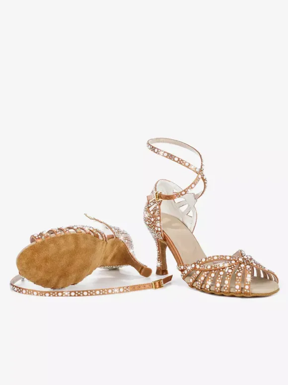 Satin Ballroom Dance Shoes Women's Open Toe Rhinestones Criss Cross Latin Dance Shoes