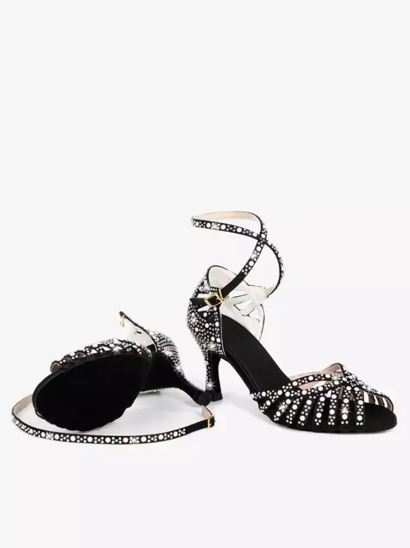 Satin Ballroom Dance Shoes Women's Open Toe Rhinestones Criss Cross Latin Dance Shoes