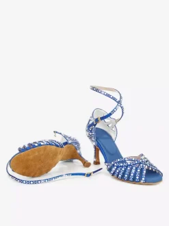 Satin Ballroom Dance Shoes Women's Open Toe Rhinestones Criss Cross Latin Dance Shoes