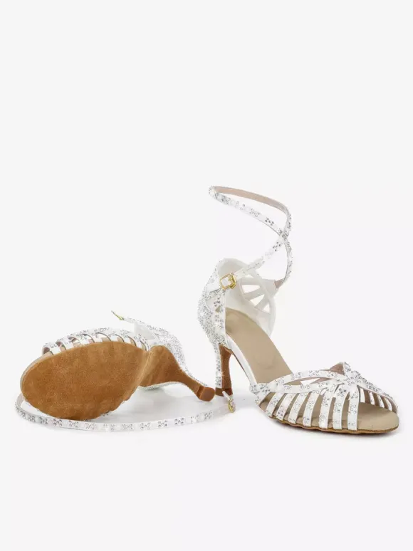 Satin Ballroom Dance Shoes Women's Open Toe Rhinestones Criss Cross Latin Dance Shoes