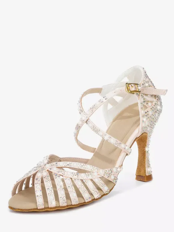 Satin Ballroom Dance Shoes Women's Open Toe Rhinestones Criss Cross Latin Dance Shoes