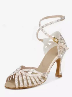Satin Ballroom Dance Shoes Women's Open Toe Rhinestones Criss Cross Latin Dance Shoes