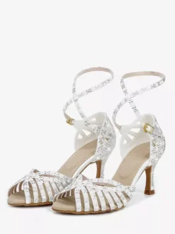 Satin Ballroom Dance Shoes Women's Open Toe Rhinestones Criss Cross Latin Dance Shoes