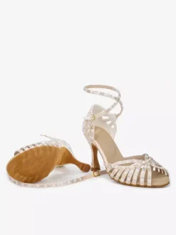 Satin Ballroom Dance Shoes Women's Open Toe Rhinestones Criss Cross Latin Dance Shoes