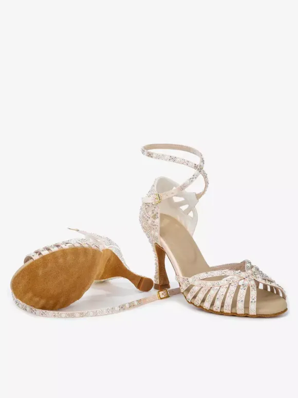 Satin Ballroom Dance Shoes Women's Open Toe Rhinestones Criss Cross Latin Dance Shoes