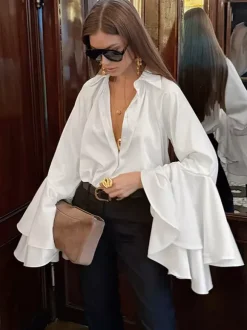 Satin Bell Sleeve Blouse Women Elegant Shirt - White Silk Like Flare Cuff Button Down - Spring Desk-to-Dinner 2026