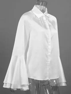 Satin Bell Sleeve Blouse Women Elegant Shirt - White Silk Like Flare Cuff Button Down - Spring Desk-to-Dinner 2026