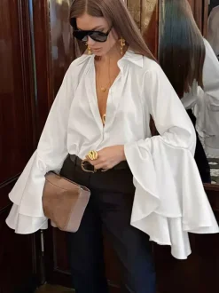 Satin Bell Sleeve Blouse Women Elegant Shirt - White Silk Like Flare Cuff Button Down - Spring Desk-to-Dinner 2026
