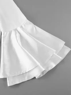 Satin Bell Sleeve Blouse Women Elegant Shirt - White Silk Like Flare Cuff Button Down - Spring Desk-to-Dinner 2026