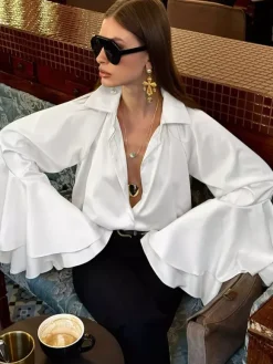 Satin Bell Sleeve Blouse Women Elegant Shirt - White Silk Like Flare Cuff Button Down - Spring Desk-to-Dinner 2026