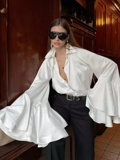 Satin Bell Sleeve Blouse Women Elegant Shirt - White Silk Like Flare Cuff Button Down - Spring Desk-to-Dinner 2026