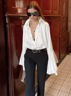 Satin Bell Sleeve Blouse Women Elegant Shirt - White Silk Like Flare Cuff Button Down - Spring Desk-to-Dinner 2026