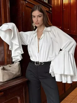 Satin Bell Sleeve Blouse Women Elegant Shirt - White Silk Like Flare Cuff Button Down - Spring Desk-to-Dinner 2026