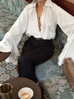 Satin Bell Sleeve Blouse Women Elegant Shirt - White Silk Like Flare Cuff Button Down - Spring Desk-to-Dinner 2026