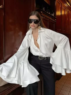 Satin Bell Sleeve Blouse Women Elegant Shirt - White Silk Like Flare Cuff Button Down - Spring Desk-to-Dinner 2026
