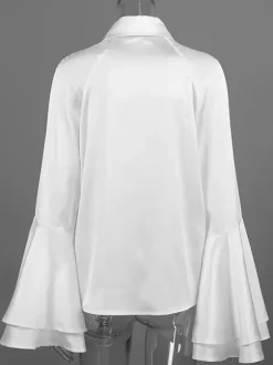 Satin Bell Sleeve Blouse Women Elegant Shirt - White Silk Like Flare Cuff Button Down - Spring Desk-to-Dinner 2026