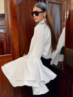 Satin Bell Sleeve Blouse Women Elegant Shirt - White Silk Like Flare Cuff Button Down - Spring Desk-to-Dinner 2026