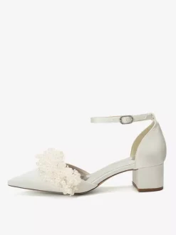 Satin Bridal Shoes Pointed Toe Pearls Chunky Heel Wedding Shoes