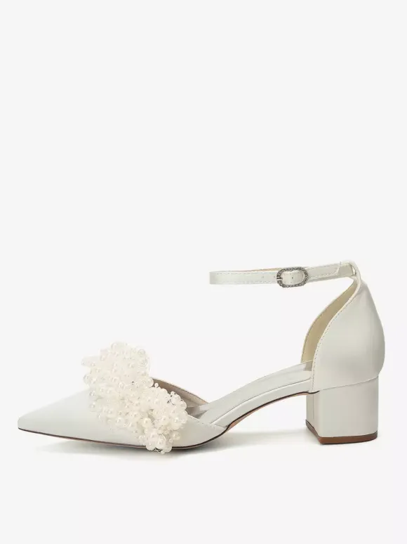 Satin Bridal Shoes Pointed Toe Pearls Chunky Heel Wedding Shoes