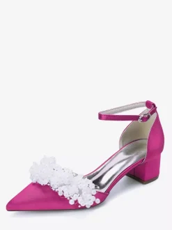 Satin Bridal Shoes Pointed Toe Pearls Chunky Heel Wedding Shoes