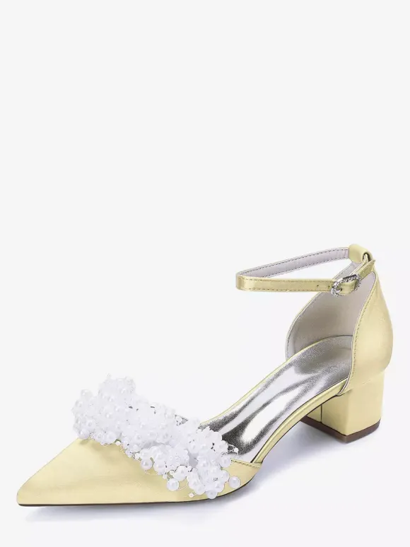 Satin Bridal Shoes Pointed Toe Pearls Chunky Heel Wedding Shoes