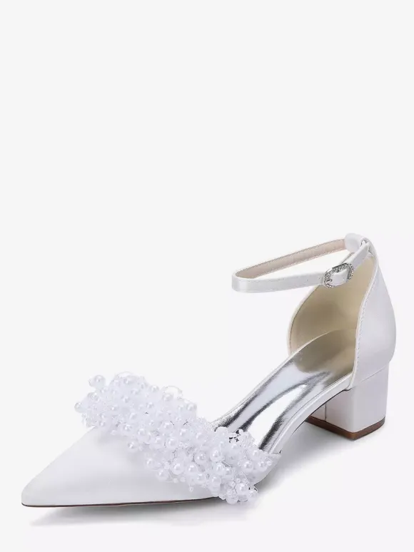 Satin Bridal Shoes Pointed Toe Pearls Chunky Heel Wedding Shoes