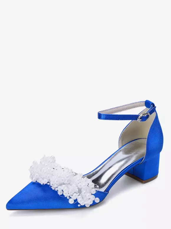 Satin Bridal Shoes Pointed Toe Pearls Chunky Heel Wedding Shoes