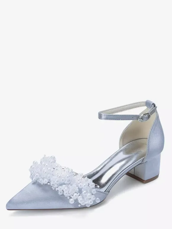 Satin Bridal Shoes Pointed Toe Pearls Chunky Heel Wedding Shoes