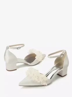 Satin Bridal Shoes Pointed Toe Pearls Chunky Heel Wedding Shoes