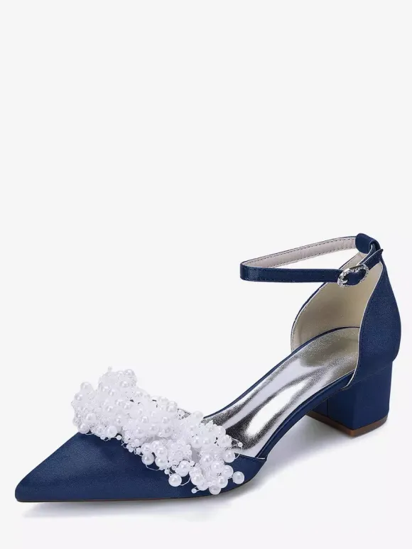 Satin Bridal Shoes Pointed Toe Pearls Chunky Heel Wedding Shoes