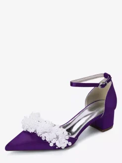 Satin Bridal Shoes Pointed Toe Pearls Chunky Heel Wedding Shoes