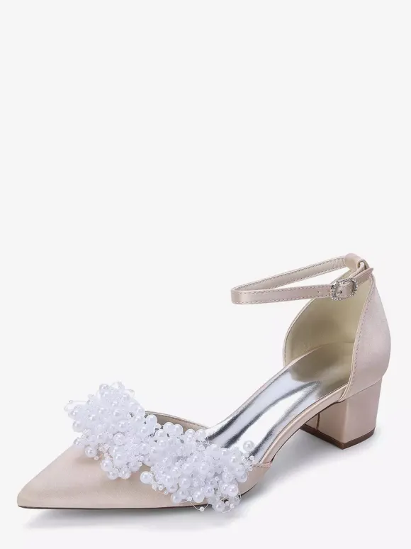 Satin Bridal Shoes Pointed Toe Pearls Chunky Heel Wedding Shoes