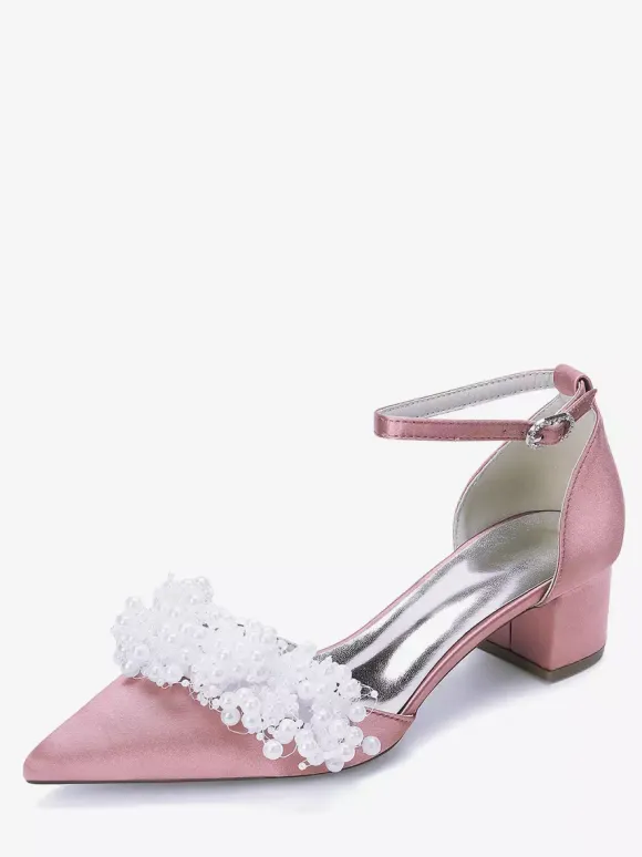 Satin Bridal Shoes Pointed Toe Pearls Chunky Heel Wedding Shoes