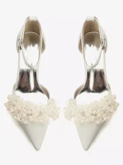 Satin Bridal Shoes Pointed Toe Pearls Chunky Heel Wedding Shoes