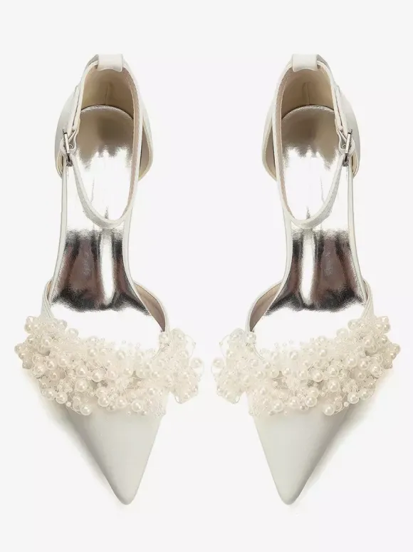 Satin Bridal Shoes Pointed Toe Pearls Chunky Heel Wedding Shoes