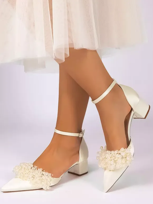 Satin Bridal Shoes Pointed Toe Pearls Chunky Heel Wedding Shoes