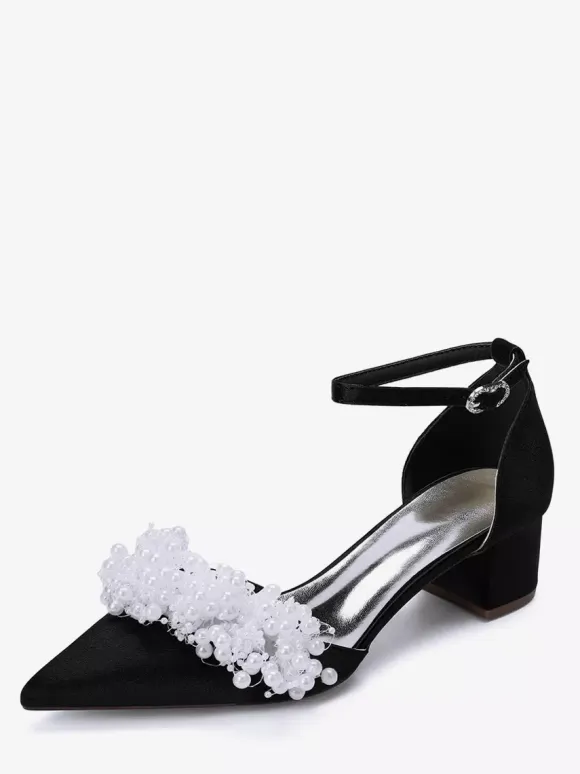Satin Bridal Shoes Pointed Toe Pearls Chunky Heel Wedding Shoes