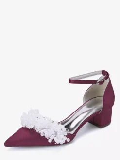 Satin Bridal Shoes Pointed Toe Pearls Chunky Heel Wedding Shoes