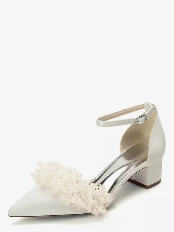 Satin Bridal Shoes Pointed Toe Pearls Chunky Heel Wedding Shoes